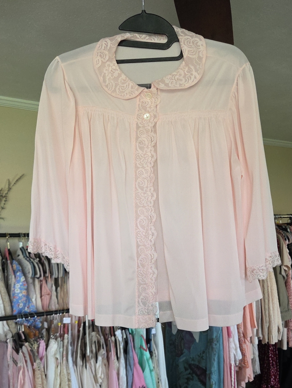 Lace-Trim Pink Women's Button Front Top